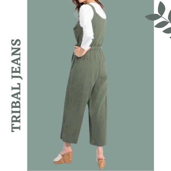 Tribal Crinkle Gauze Jumpsuit Button Front Tie Waist Fern Green Size XS - Picture 3 of 9